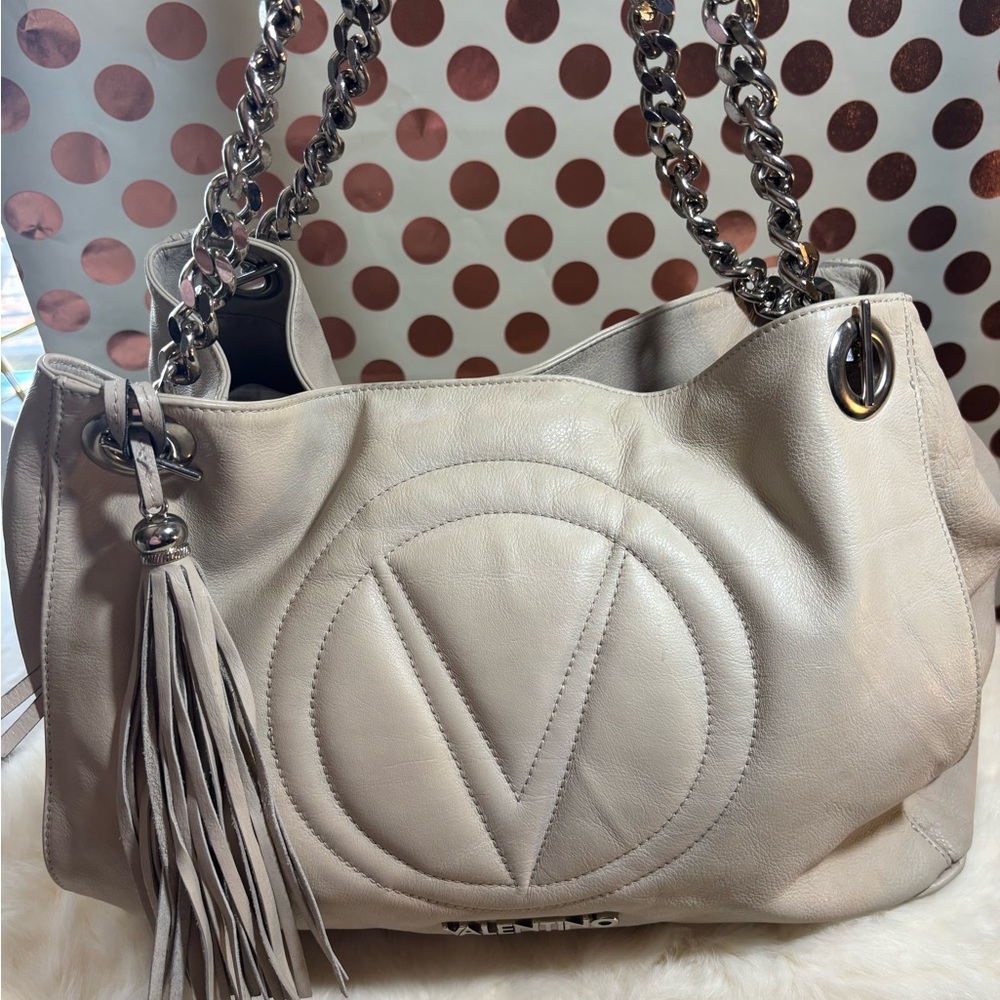 Valentino Cream Leather Shoulder Bag with Chain Straps